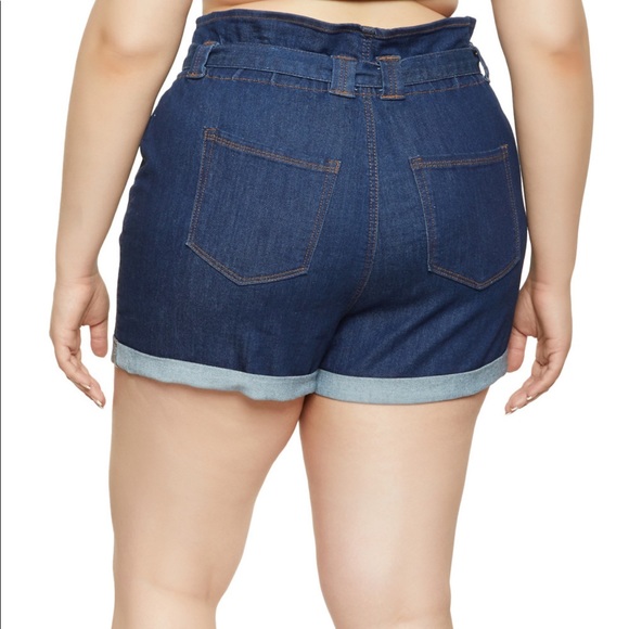 Plus Size Paper Bag Waist Denim Shorts - Dark Wash - Picture 2 of 2